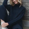 Navy St Moritz Cable Knit Mock Neck Jumper