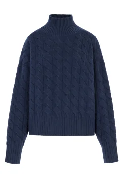 Navy St Moritz Cable Knit Mock Neck Jumper