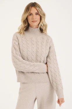 Oatmeal St Moritz Cable Knit Mock Neck Jumper