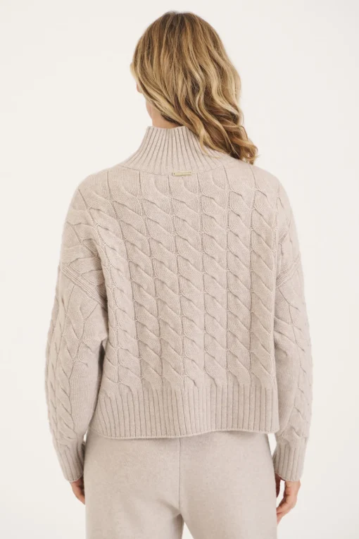 Oatmeal St Moritz Cable Knit Mock Neck Jumper