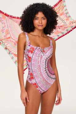 Pomegranate Lace Up Swimsuit