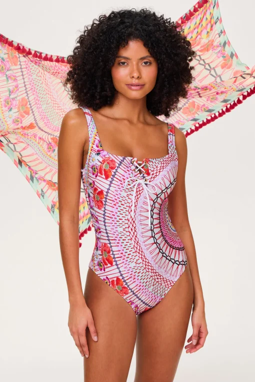 Pomegranate Lace Up Swimsuit